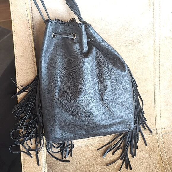 Patricia Nash Nicoletta 🖤 Black Leather Fringe Boho Bucket Bag Crossbody - Picture 6 of 16